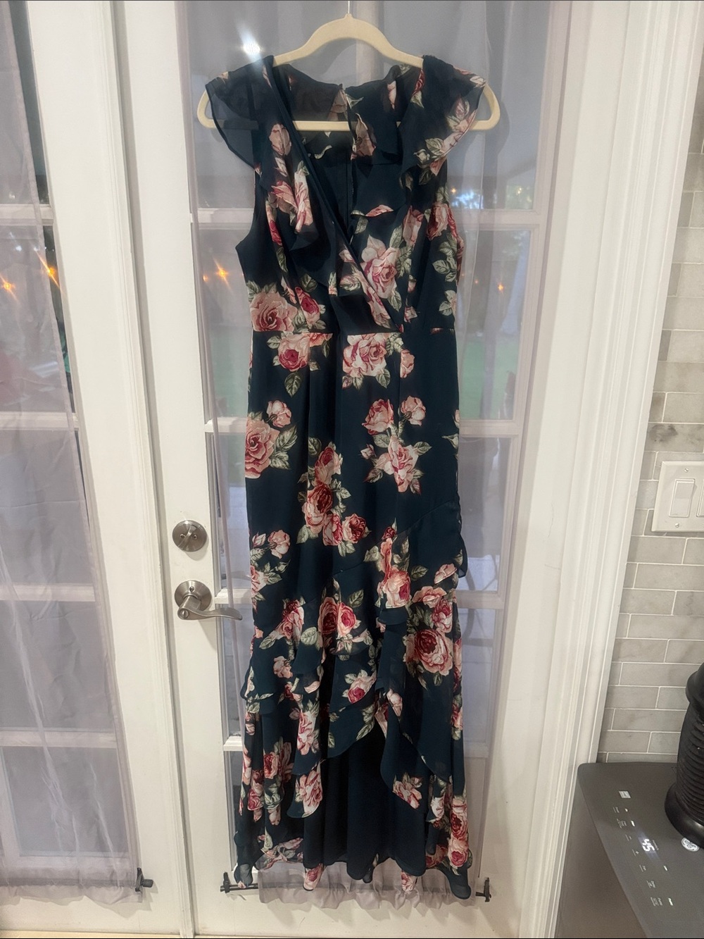 Lulu's green Floral High-Low Maxi Dress with Pink Roses
